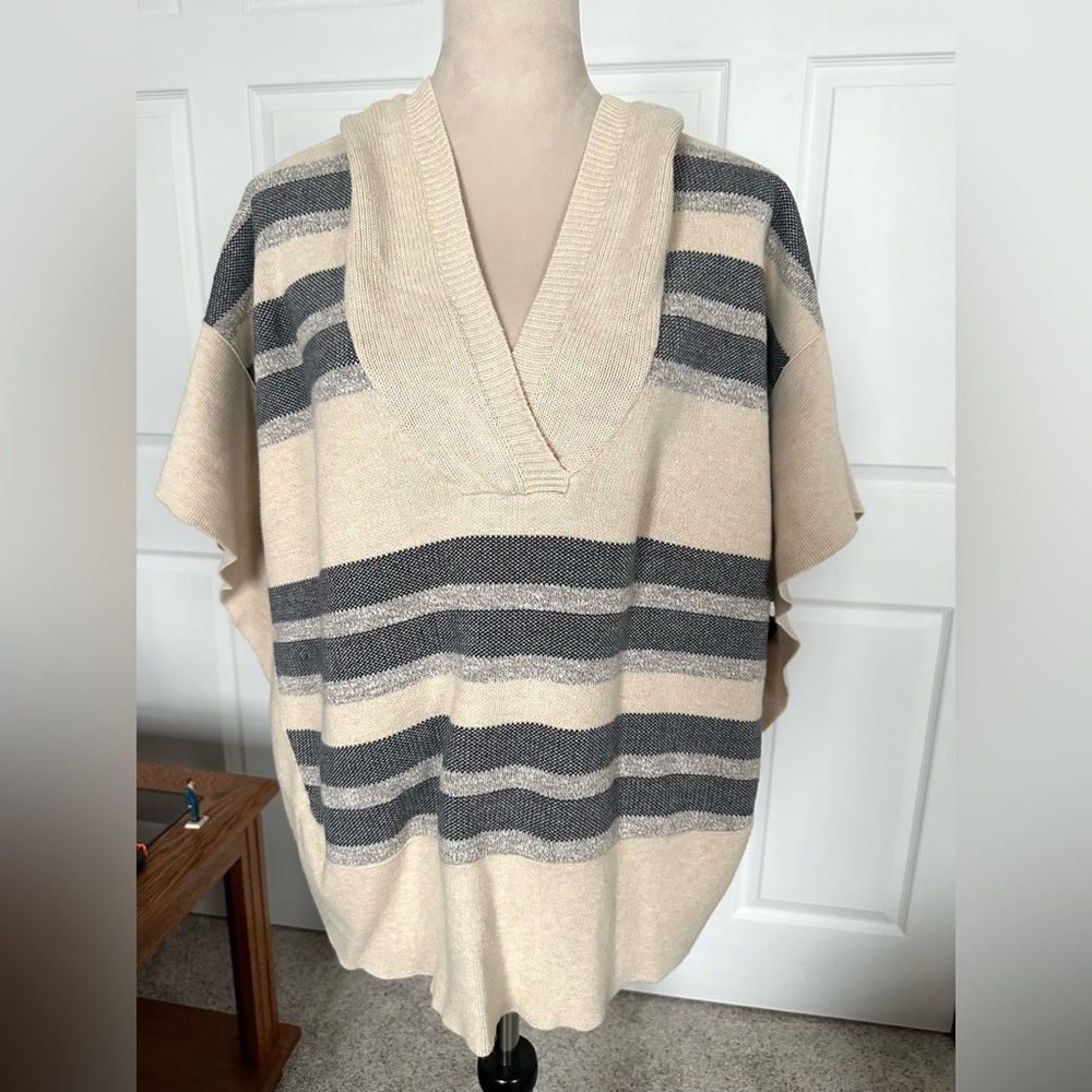 American Eagle Outfitters hooded shawl sweater poncho cotton beige blue stripe
